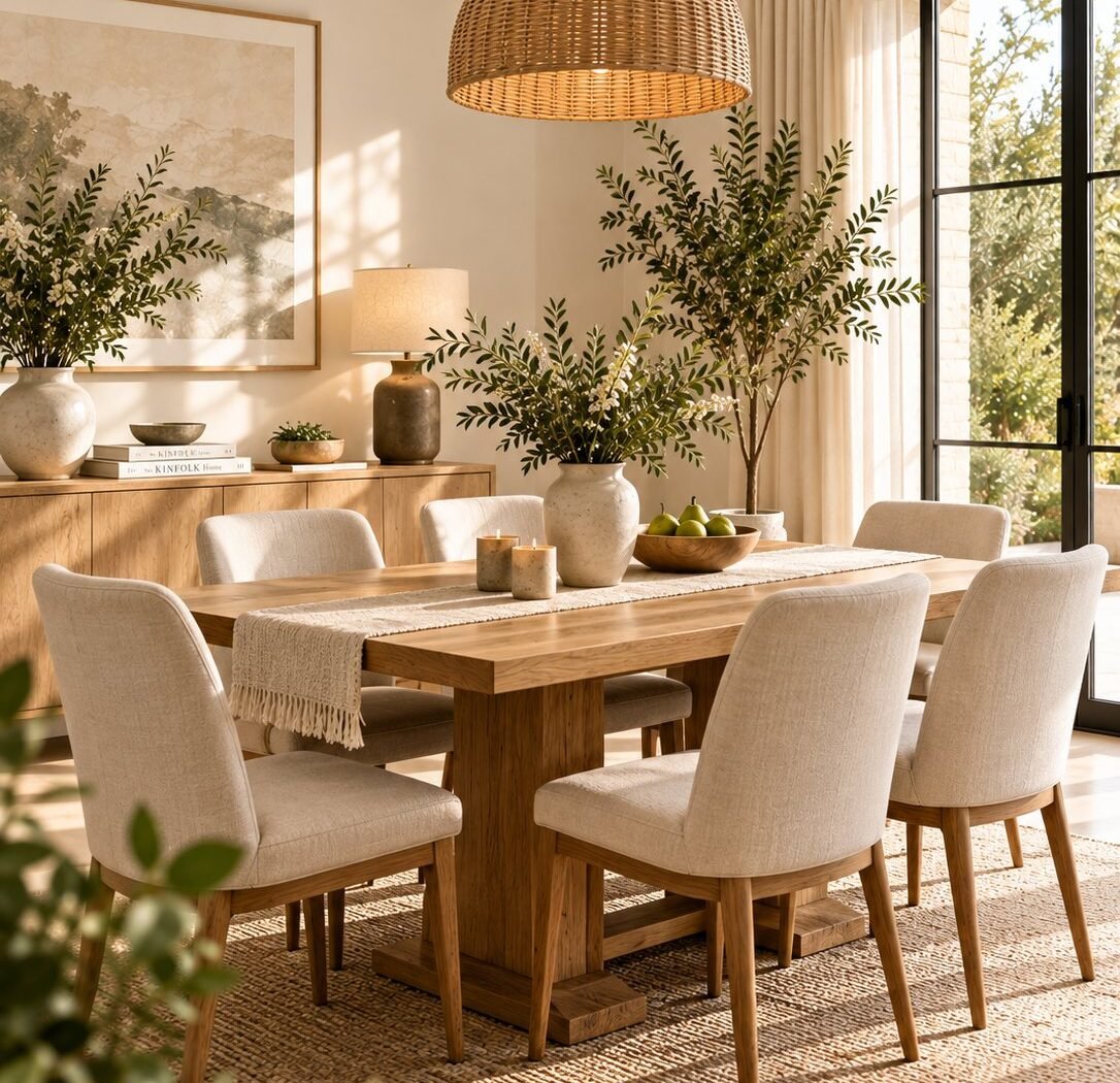 An oak trestle dining table with six upholstered linen chairs, a large woven rattan pendant overhead, a sideboard with ceramics and an olive tree by the window.