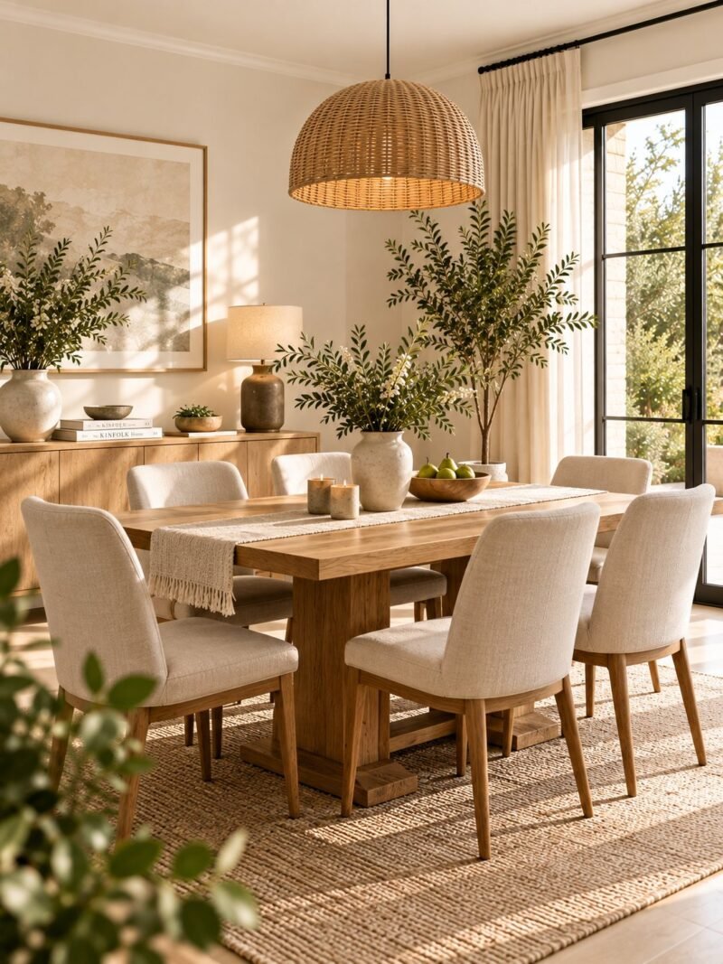 An oak trestle dining table with six upholstered linen chairs, a large woven rattan pendant overhead, a sideboard with ceramics and an olive tree by the window.