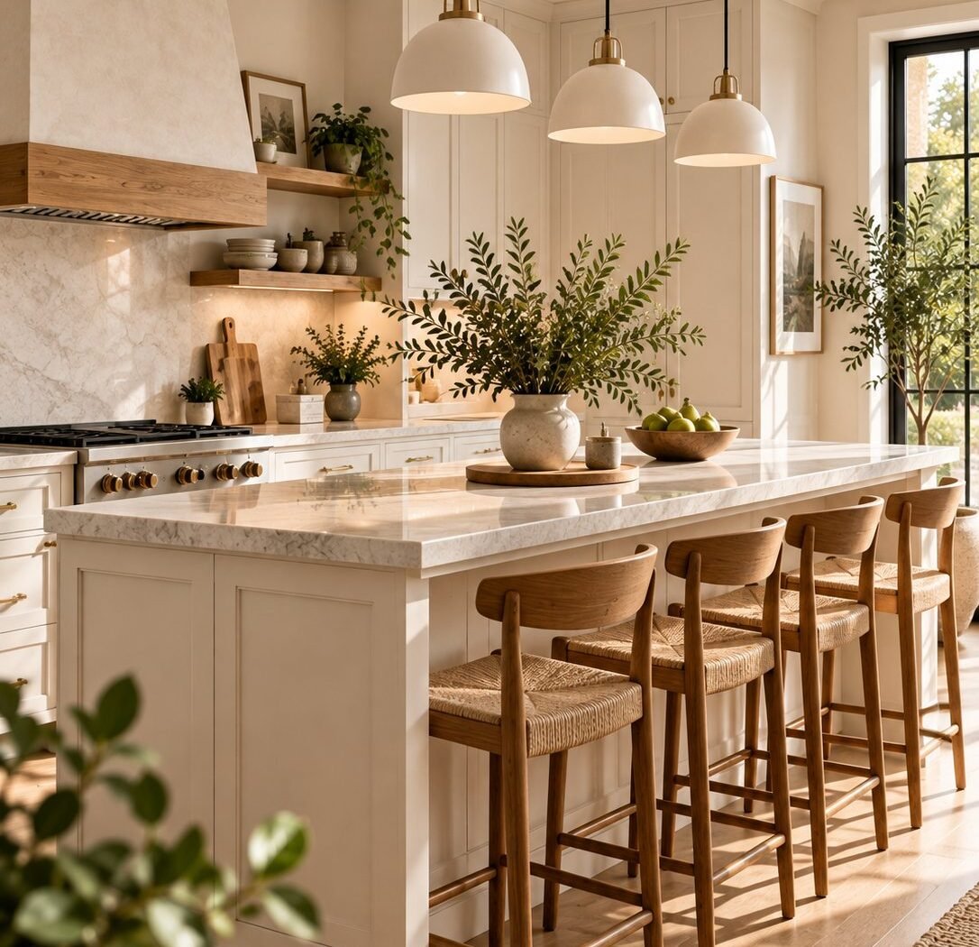 A cream shaker kitchen with a marble-topped island, three white dome pendants with brass fittings, rush-seated oak stools and an oak floor.