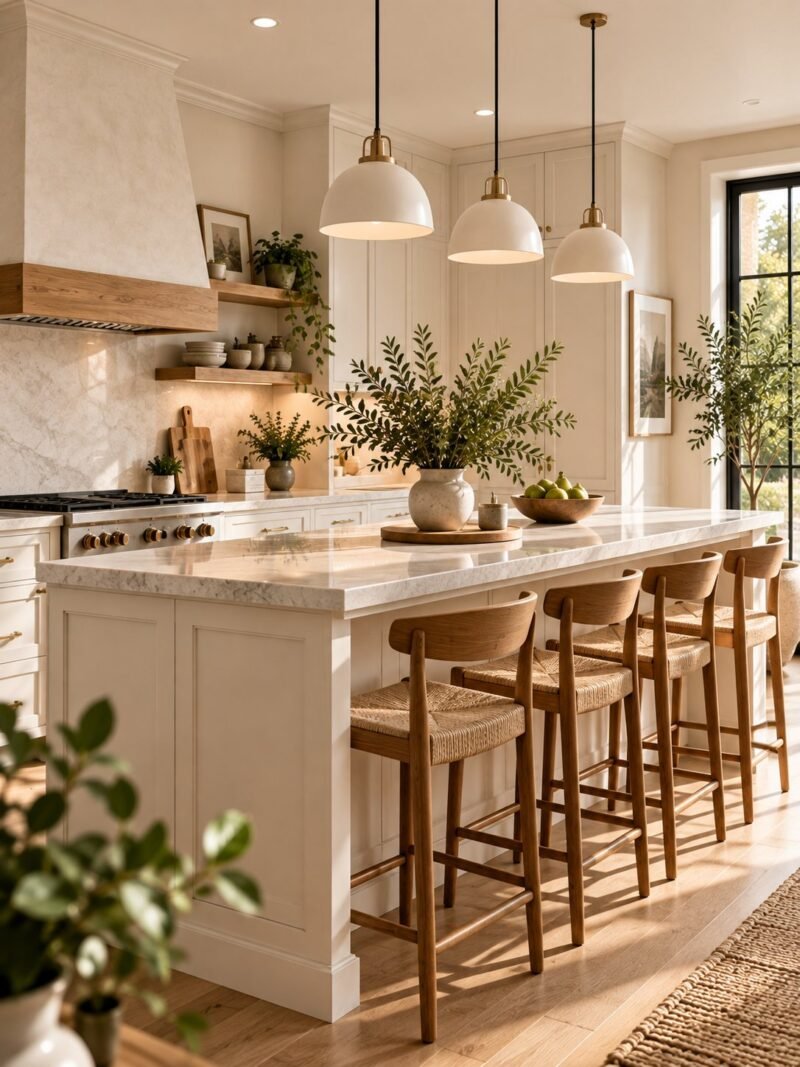 A cream shaker kitchen with a marble-topped island, three white dome pendants with brass fittings, rush-seated oak stools and an oak floor.