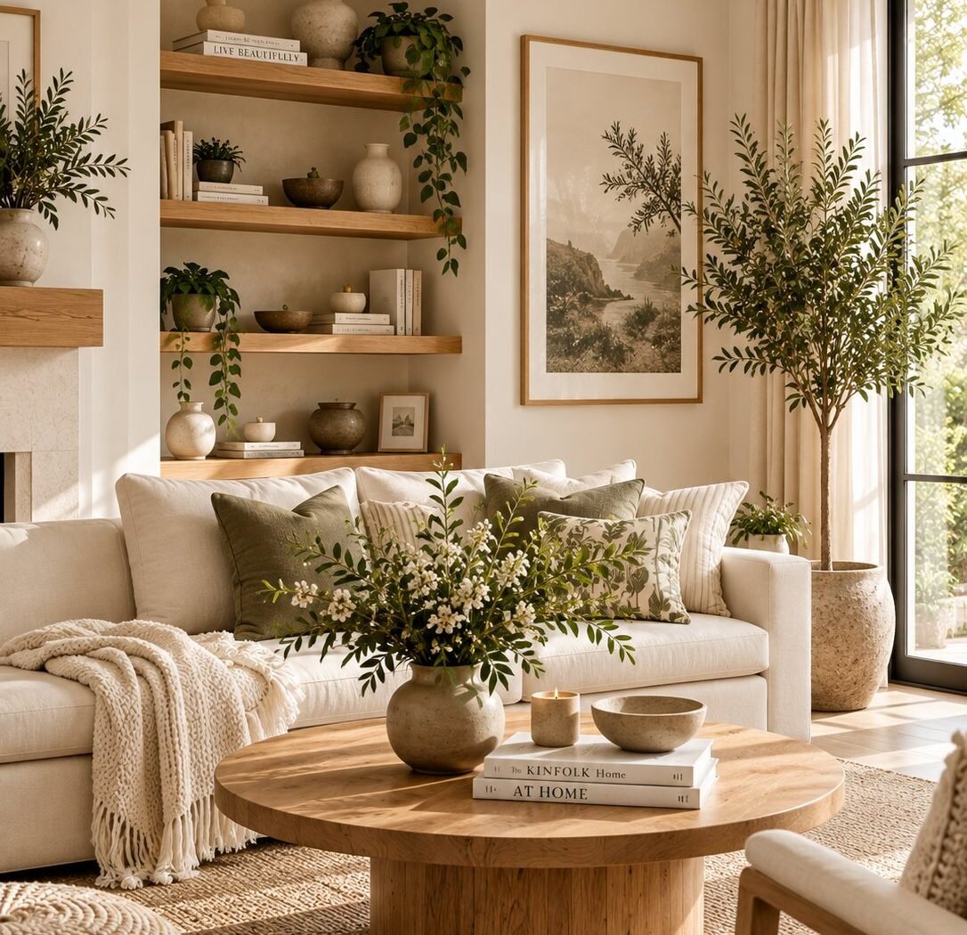 A cream linen sofa layered with olive and striped cushions, a round oak coffee table on a jute rug, open shelving with ceramics, and an olive tree beside a tall window.