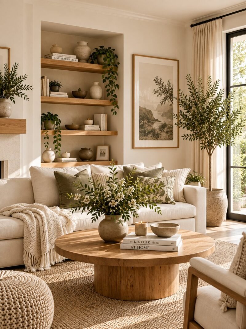 A cream linen sofa layered with olive and striped cushions, a round oak coffee table on a jute rug, open shelving with ceramics, and an olive tree beside a tall window.